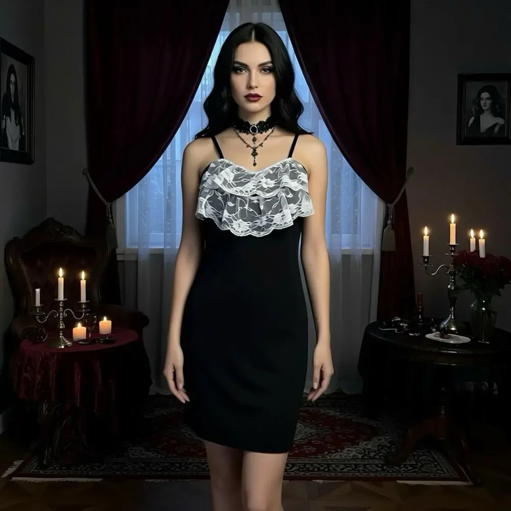 Spirit Halloween Women Junior Costume Black White Lace Mini Dress M Goth Witch - Picture 1 of 8